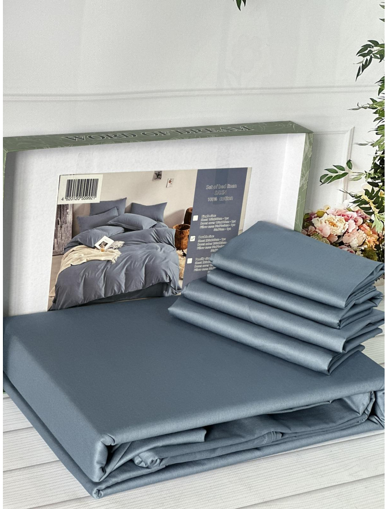 Blue сатинова постільна білизна євро розміру. Word of dream.