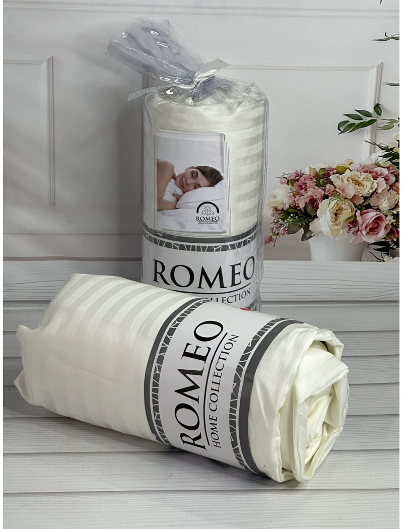 Line Krem 180х200см. Простирадло на резинці. Сатин-страйп. Romeo Туреччина.